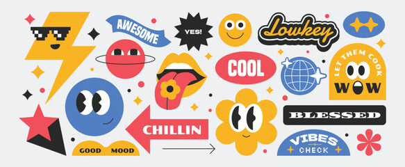 Trendy colorful groovy funny sticker with slang and quotes word gen z millenials. Y2k style vintage art.