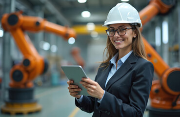 Smiling female chief engineer in hard hat, glasses with tablet at modern industrial factory. Professional woman manager controls automated robotic production using tech. Smart factory manufacturing.