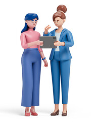 3D woman points at a tablet held by another 3D woman. Symbolizes teamwork and technology use. 3D rendering, conceptual image. Isolated on white background.