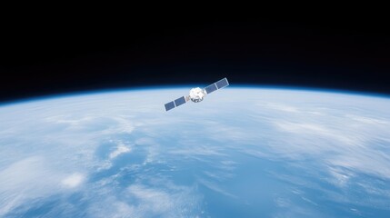 A satellite, featuring solar panels and a central body, orbits Earth. The Earth is a predominantly blue sphere with visible cloud formations. The image is high-resolution, showcasing sharp detail. Th