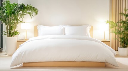 Modern, minimalist bedroom with white bedding, light wooden furniture, and lush greenery