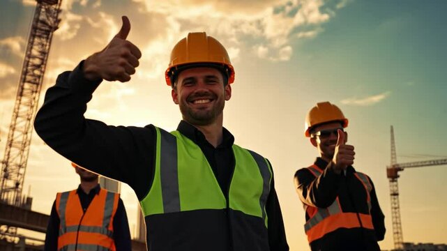 Construction Team's Thumbs-Up: A team of construction workers, dressed in hard hats and safety vests, offers a collective thumbs-up gesture against the backdrop of a construction site.
