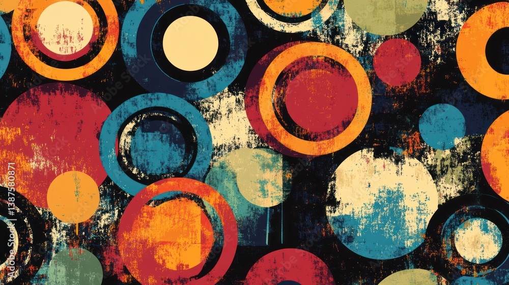 Poster abstract retro design with layered circles and distressed texture aesthetic