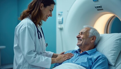 Smiling doctor comforts senior patient during CT scan in hospital room. Healthcare pro supports, assists elderly man undergoing radiology exam. Medical check-up, positive experience during healthcare.