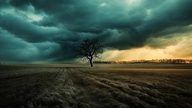 Lonely Tree Under a Stormy Sky: A lone, bare tree stands silhouetted against a dramatic canvas of a swirling stormy sky, evoking a sense of isolation and the sublime power of nature.