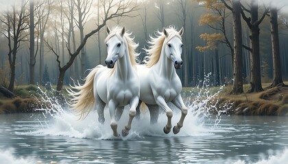 Fototapeta premium Two White Horses Running Through Water with Forest Background Scenery