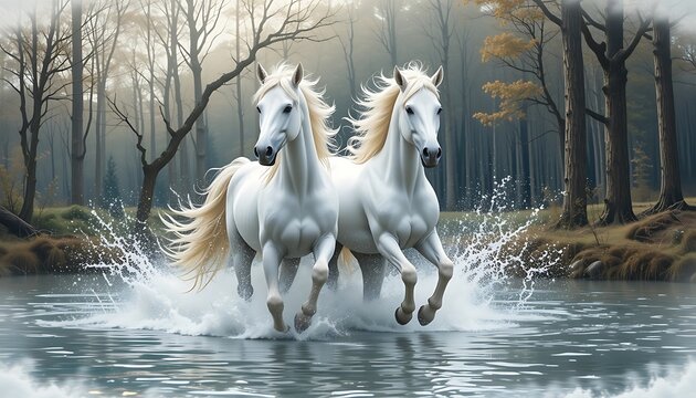 Two White Horses Running Through Water with Forest Background Scenery
