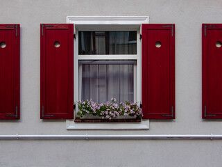 Window with Red Shutters and Flower Box