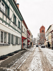 Zheleznodorozhny Village, Gerduen, Kaliningrad region, January 09 2021 Scenic View of Old Gerdauen Church and Street