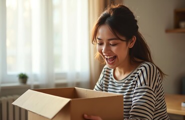 Young woman opens parcel at home. Happy female client unpacks delivery box, excited facial expression, smiles. Internet shopping, retail sale, online order. Home delivery service, modern consumer