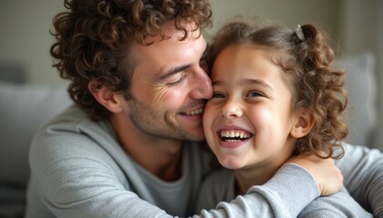Fototapeta premium A smiling father and his young daughter share a heartwarming moment, their faces radiating joy and love. This tender scene captures the essence of family bonds, showcasing the pure happiness that