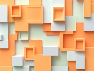 Abstract Geometric Pattern: A captivating, contemporary abstract art piece showcasing a vibrant and playful composition of overlapping squares and rectangles in calming shades of peach and white.