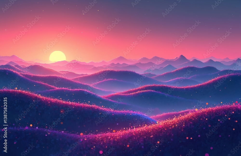 Aufkleber futuristic pixel art landscape with colorful flowing waves and dynamic light effects creating a sere
