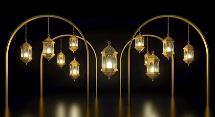 Striking image of illuminated lanterns gracefully hanging from ornate gold arches. Set against a stark black background, perfect for festive or cultural themes.