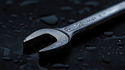 Fototapeta premium Close-up of a wrench on a dark surface with water droplets
