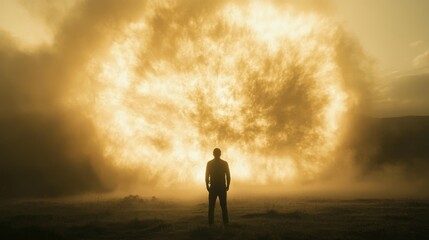Fototapeta premium Person Watching Explosion Dramatic Scene in a Field