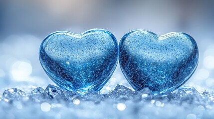 Two hearts, one white and one blue, their edges softly blurred, floated serenely against the pristine white canvas of a background, symbolizing the love and joy of Valentine's Day. A scattering 