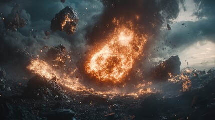 Obraz premium Explosive Destruction Scene with Fire, Rocks and Dramatic Sky