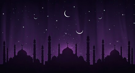 Mystical silhouettes of Islamic architecture (mosques, minarets) under a night sky. Highlighted by sparkling stars and a crescent moon against dark purple.