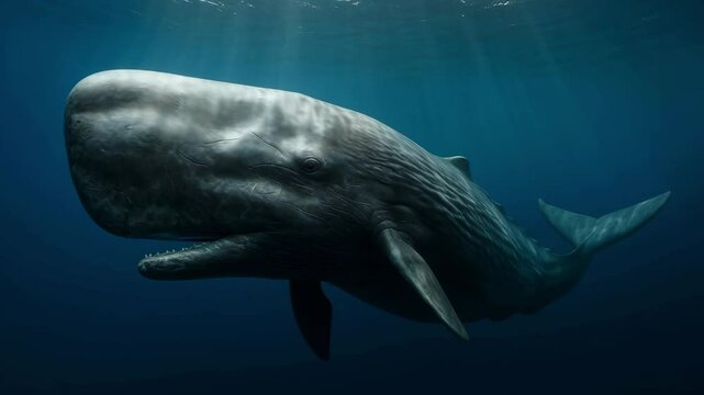 Amazing encounter with a sperm whale swimming in deep ocean waters