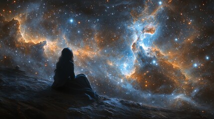 Obraz premium A celestial landscape featuring glowing stars, planets, and nebulous clouds, set against a cosmic background of deep purples, blues, and shimmering silvers. 