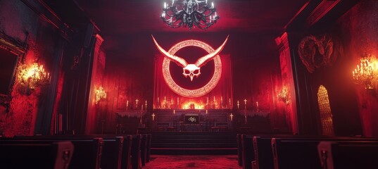 Satan ritual chamber. Evil demonic hell. Generative AI technology.	
