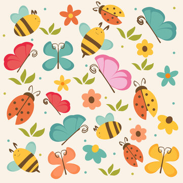 seamless pattern with butterflies. Spring and summer set of flowers bugs leaves and butterflies. Stickers, poster, card, scrapbooking, sticker set. Vector, hand drawn, rainbow illustrations