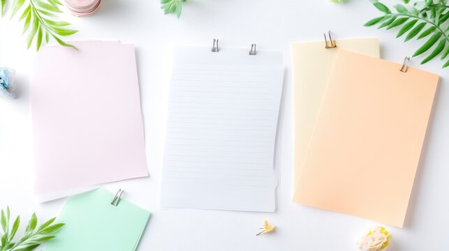 Blank stationery, including lined and unlined paper, is arranged on a white surface. Pastel-colored papers and greenery are artfully composed. The image is high-quality with bright, even lighting.