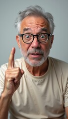 Obraz premium An elderly man with gray hair and glasses looks directly at the camera, raising a finger in a gesture of urgency. His wide eyes and open mouth convey a sense of surprise, making this image perfect for