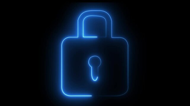 Glowing neon lock and password icon 4k anemation Padlock and password privacy protection security safety animated sign symbol. on the black, background  Symbolizing cyber security and digital privacy 