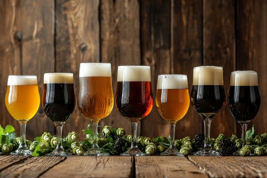 Craft beer selection showcasing diverse styles on rustic wood with brewing elements