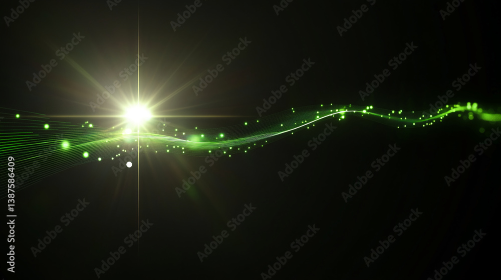 Poster abstract image of green light streaks and particles on black background, creating a dynamic and ener