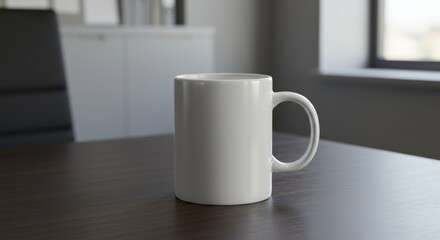 Clean white mug mock-up on a wooden office table with blurred background scenery