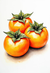 Fototapeta premium Capture the vibrant hues of autumn with our watercolor and ink painting of three persimmons. This isolated artwork features simple lines, orange and yellow tones, and a clean white background. 