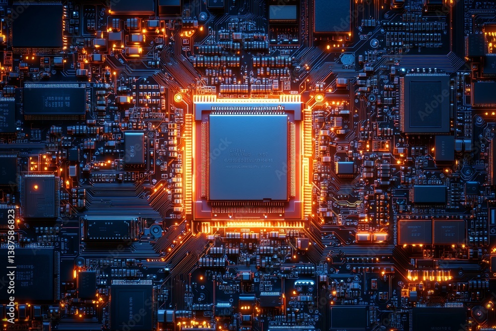 Poster close-up shot of a microchip showcasing intricate details of modern circuit board technology and des
