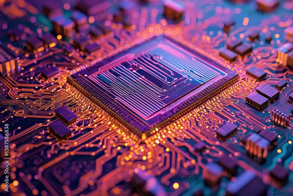 Poster close-up macro shot revealing intricate details of a complex microchip and circuit board in modern c