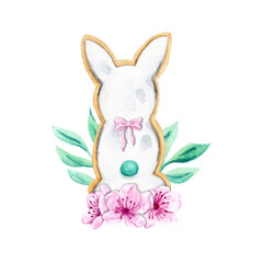 Watercolor set of easter bunny cake and spring flowers. Design for invitations, cards, stickers, postcards, textils. Holiday decor. Hand painted illustration.