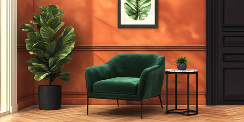 Obraz premium Green velvet armchair in orange room, beside small table and plant. Showcase of interior design, emphasizing comfort and elegance