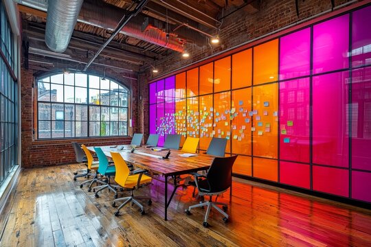 Creative agency team collaborates on innovative ideas using sticky notes in a modern office space with vibrant colors