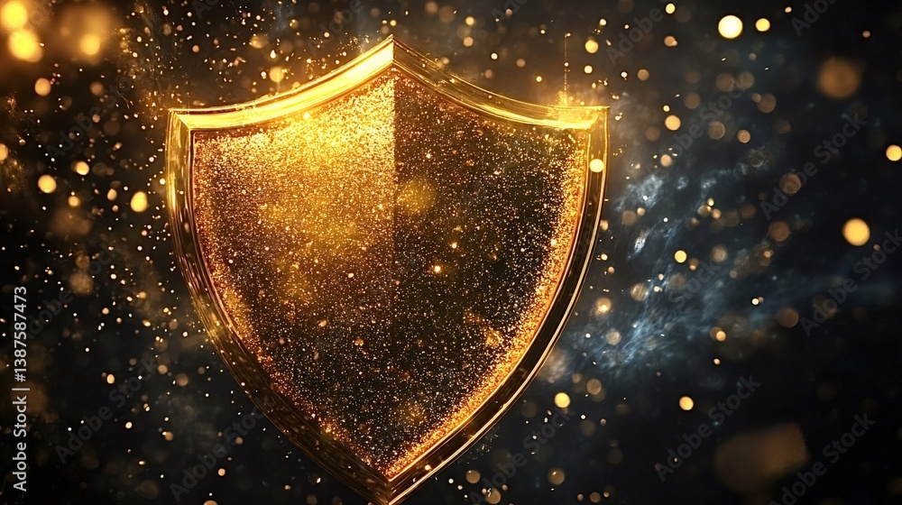Aufkleber golden shield with sparkling particles on a dark background with bokeh effect, creating a powerful s