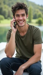 A smiling young man with tousled hair is engaged in a lively phone conversation, seated by a tranquil lake surrounded by lush greenery. His joyful expression radiates positivity and connection