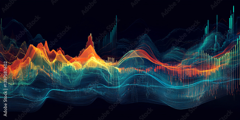 Poster abstract image of glowing, multicolored waves and lines against a dark background, representing data