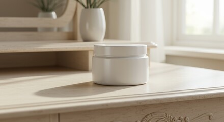 Fototapeta premium Elegant dressing table scene featuring a blank white container mock-up