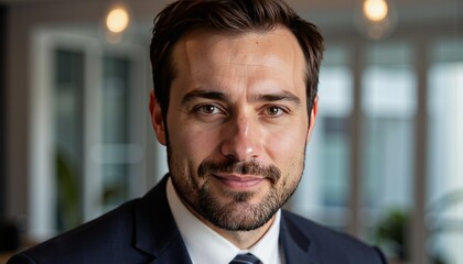 Fototapeta premium Confident businessman smiling in a modern office setting 
