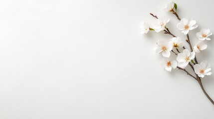 A sprig of delicate white blossoms rests on a white background. The image features a minimalist composition. Its a high-quality photo with soft, even lighting. The style is clean and simple, conveyi