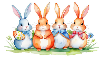 Watercolor Easter Bunny Rabbits Holding Egg and Wearing Bow Ties