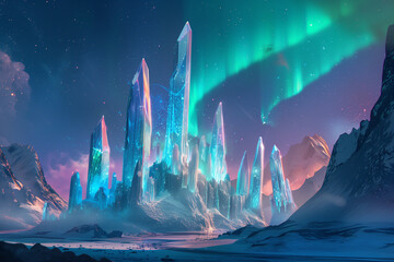 A breathtaking fantasy landscape featuring towering crystal mountains, with vibrant auroras lighting up the night sky.