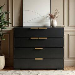 Elevate your interior with our modern black chest of drawers! Featuring 4 layers with elegant golden handles and a large canvas art piece, this setup adds a stylish touch to any beige-walled room.
