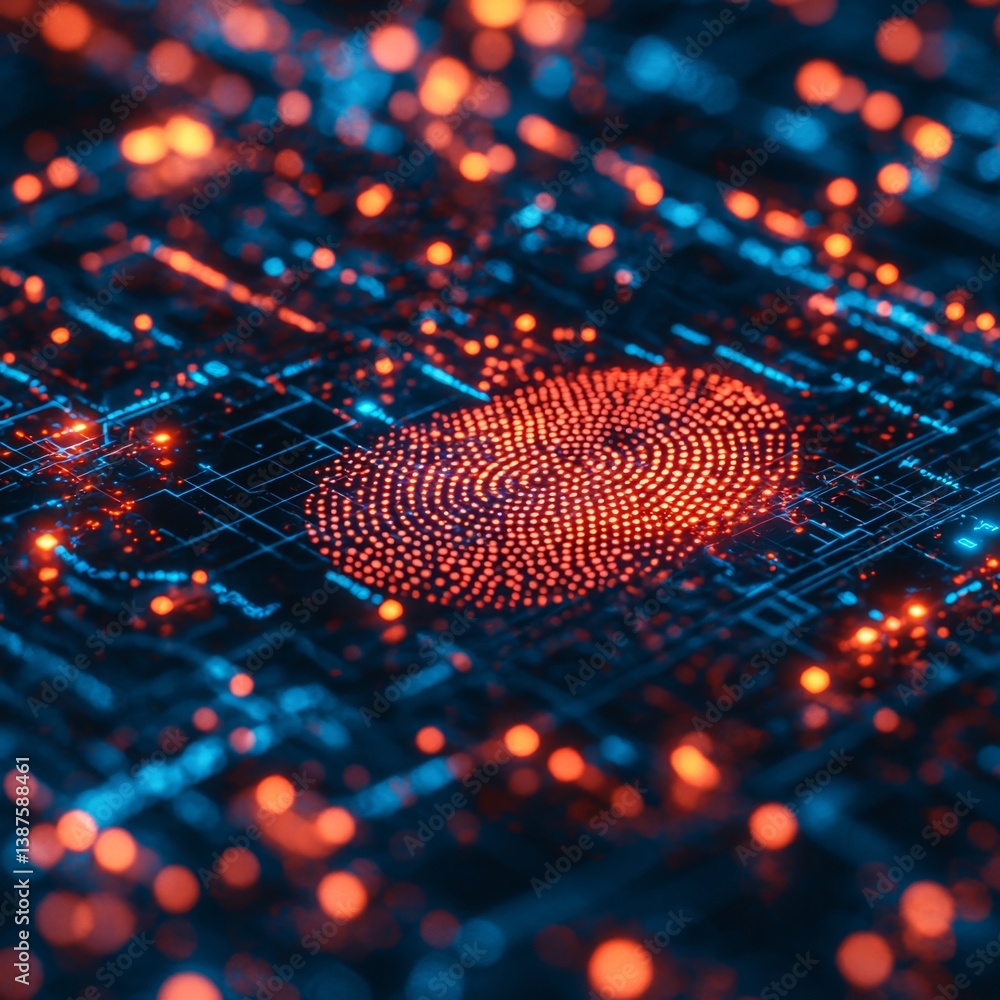Poster futuristic biometric access control with detailed close-up of fingerprint scanning on advanced secur