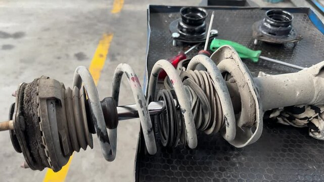 A technician is repairing the shock absorber section of the car.